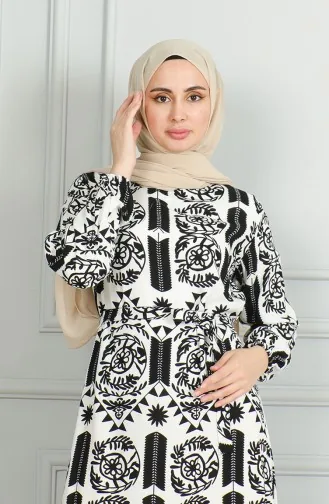 Robe Viscose A Motifs Et Ceinturée 0499-02 Blanc Noir 0499-02