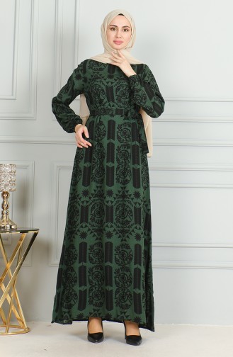Patterned Belted Viscose Dress 0499-04 Khaki 0499-04