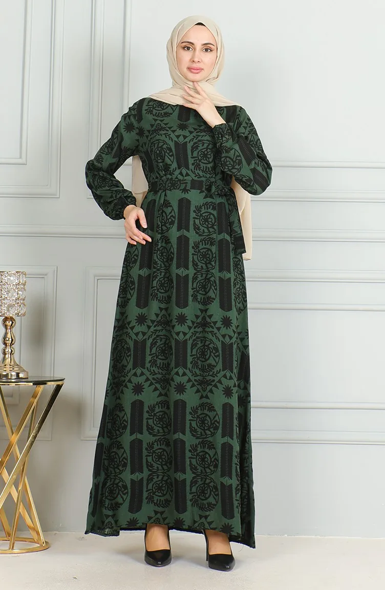 Gemustertes Viskosekleid Mit Gürtel 0499-04 Khaki 0499-04