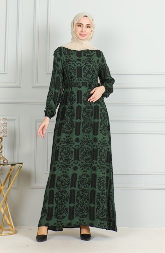 Patterned Belted Viscose Dress 0499-04 Khaki 0499-04