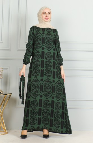 Patterned Belted Viscose Dress 0499-04 Khaki 0499-04