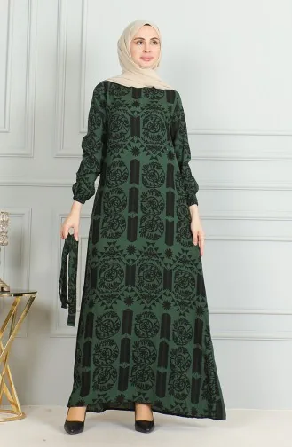 Gemustertes Viskosekleid Mit Gürtel 0499-04 Khaki 0499-04