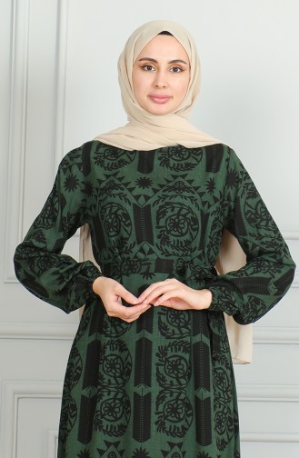 Patterned Belted Viscose Dress 0499-04 Khaki 0499-04