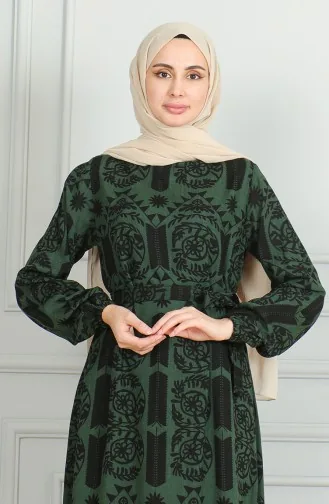 Gemustertes Viskosekleid Mit Gürtel 0499-04 Khaki 0499-04