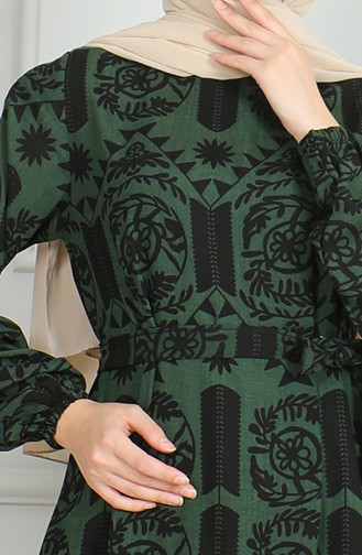 Patterned Belted Viscose Dress 0499-04 Khaki 0499-04