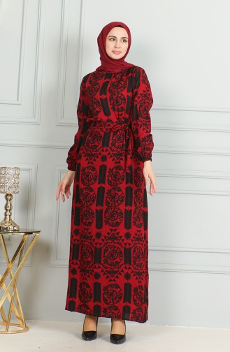 Gemustertes Viskosekleid Mit Gürtel 0499-05 Rot 0499-05