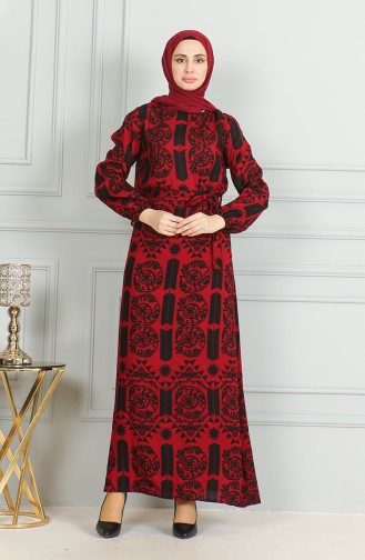 Gemustertes Viskosekleid Mit Gürtel 0499-05 Rot 0499-05