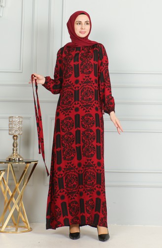 Gemustertes Viskosekleid Mit Gürtel 0499-05 Rot 0499-05