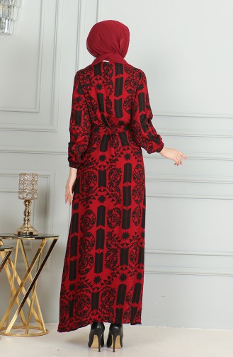 Gemustertes Viskosekleid Mit Gürtel 0499-05 Rot 0499-05
