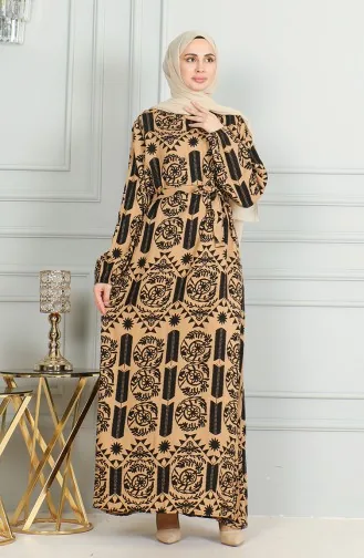 Jurk Van Viscose Met Patroon En Riem 0499-06 Melkkoffie 0499-06