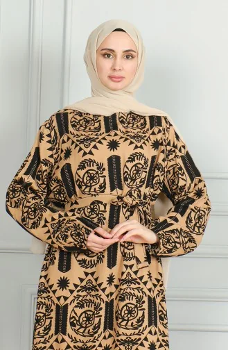Jurk Van Viscose Met Patroon En Riem 0499-06 Melkkoffie 0499-06