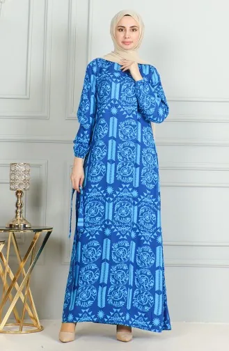 Desenli Kuşaklı Viskon Elbise 0499-07 Turkuaz