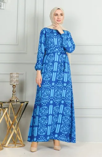 Desenli Kuşaklı Viskon Elbise 0499-07 Turkuaz