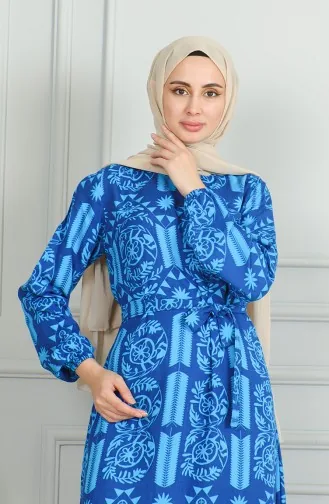 Desenli Kuşaklı Viskon Elbise 0499-07 Turkuaz