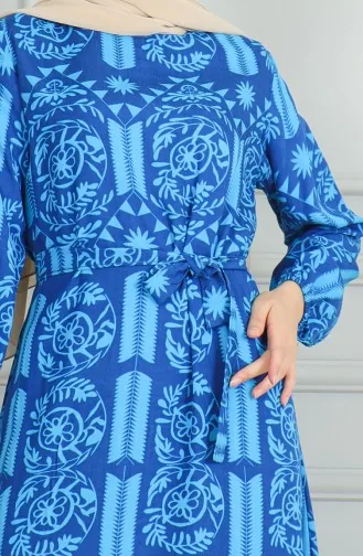Desenli Kuşaklı Viskon Elbise 0499-07 Turkuaz