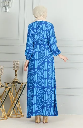 Desenli Kuşaklı Viskon Elbise 0499-07 Turkuaz