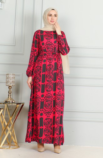 Gemustertes Viskosekleid Mit Gürtel 0499-08 Fuchsia 0499-08