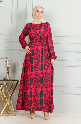 Gemustertes Viskosekleid Mit Gürtel 0499-08 Fuchsia 0499-08