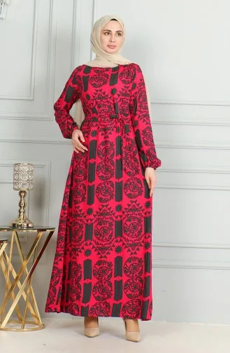 Robe Viscose A Motifs Et Ceinturée 0499-08 Fuchsia 0499-08