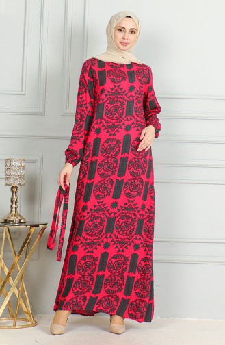 Gemustertes Viskosekleid Mit Gürtel 0499-08 Fuchsia 0499-08