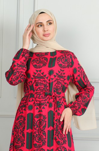 Gemustertes Viskosekleid Mit Gürtel 0499-08 Fuchsia 0499-08