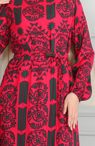 Gemustertes Viskosekleid Mit Gürtel 0499-08 Fuchsia 0499-08