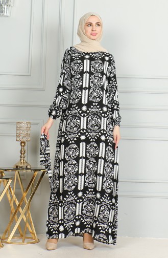 Robe Viscose A Motifs Et Ceinturée 0499-09 Noir Blanc 0499-09