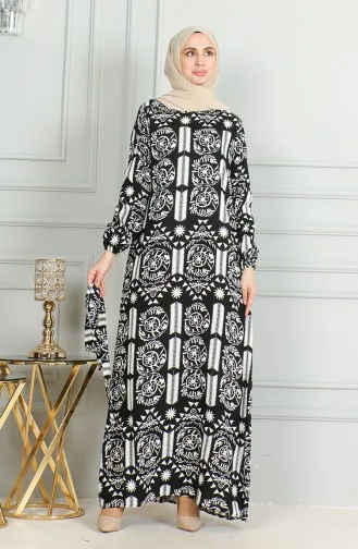 Desenli Kuşaklı Viskon Elbise 0499-09 Siyah Beyaz