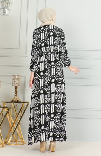 Robe Viscose A Motifs Et Ceinturée 0499-09 Noir Blanc 0499-09
