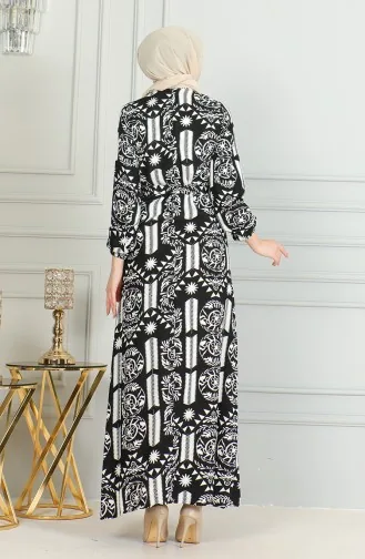 Desenli Kuşaklı Viskon Elbise 0499-09 Siyah Beyaz