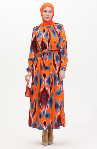 Gemustertes Viskosekleid Mit Gürtel 0501A-01 Indigoorange 0501A-01