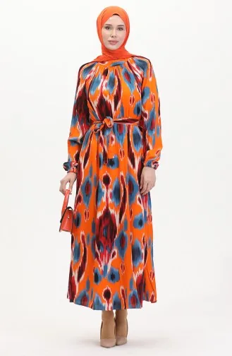 Gemustertes Viskosekleid Mit Gürtel 0501A-01 Indigoorange 0501A-01