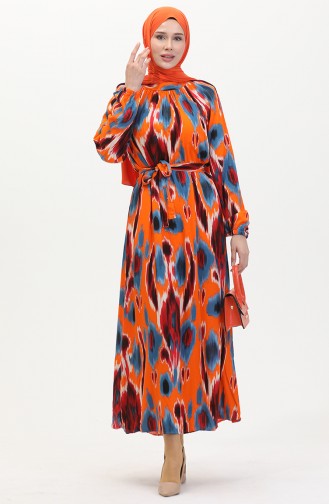 Gemustertes Viskosekleid Mit Gürtel 0501A-01 Indigoorange 0501A-01