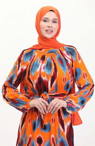 Gemustertes Viskosekleid Mit Gürtel 0501A-01 Indigoorange 0501A-01