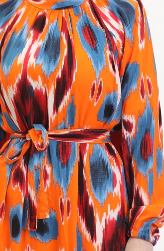 Gemustertes Viskosekleid Mit Gürtel 0501A-01 Indigoorange 0501A-01