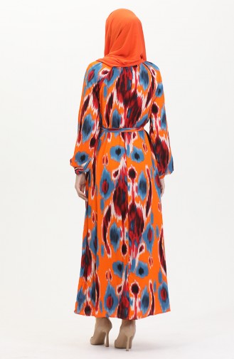 Gemustertes Viskosekleid Mit Gürtel 0501A-01 Indigoorange 0501A-01