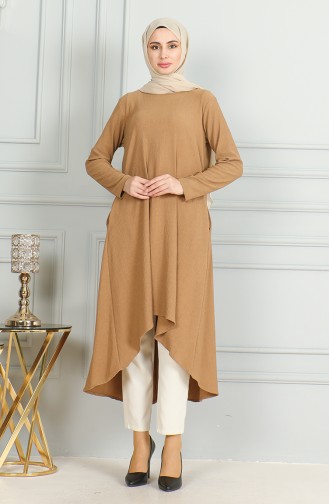 Crepe Fabric Asymmetric Cut Tunic 1032-03 Milk Coffee 1032-03