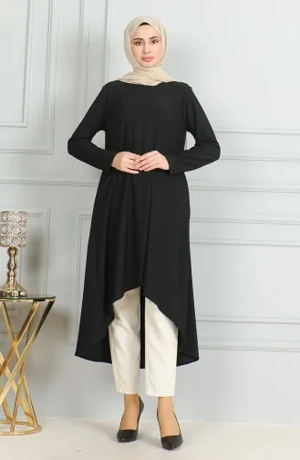 Bürümcük Stoff Tunika Mit Asymmetrischem Schnitt 1032-04 Schwarz 1032-04