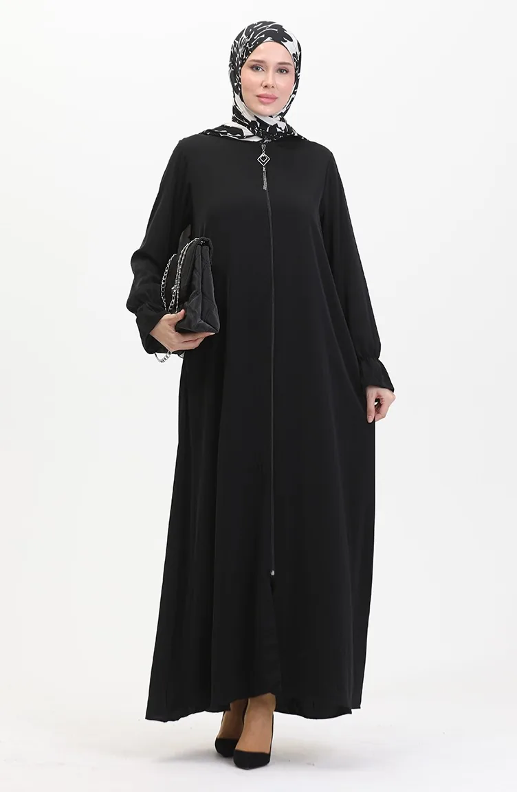 Elastic Sleeve Zippered Abaya 0513-07 Black 0513-07
