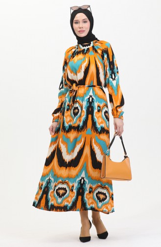 Robe Viscose A Motifs Et Ceinturée 0501-01 Moutarde Pétrole 0501-01