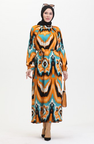 Robe Viscose A Motifs Et Ceinturée 0501-01 Moutarde Pétrole 0501-01