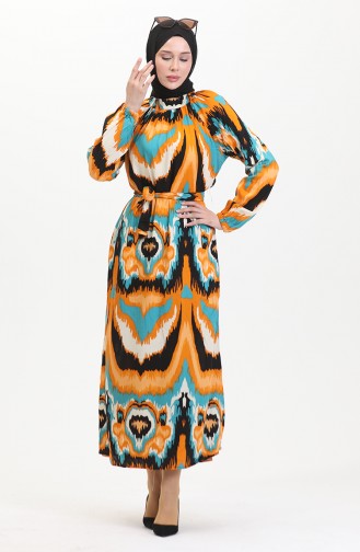 Robe Viscose A Motifs Et Ceinturée 0501-01 Moutarde Pétrole 0501-01