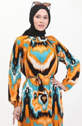 Robe Viscose A Motifs Et Ceinturée 0501-01 Moutarde Pétrole 0501-01