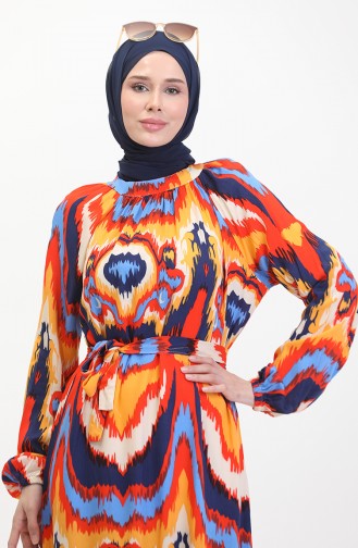 Desenli Kuşaklı Viskon Elbise 0501-02 Lacivert Mercan