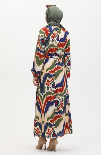 Patterned Belted Viscose Dress 0501-03 Khaki Brick 0501-03