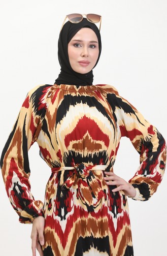 Gemustertes Viskosekleid Mit Gürtel 0501-04 Claret Red Taba 0501-04