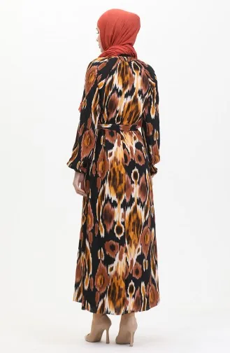 Gemustertes Viskosekleid Mit Gürtel 0501A-03 Braun Senf 0501A-03
