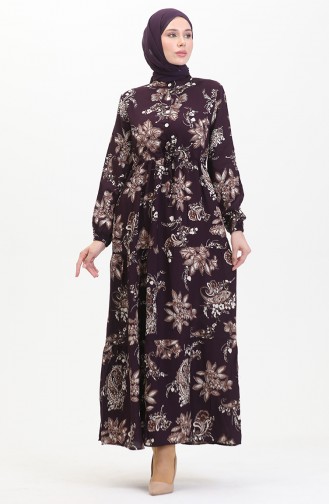Desenli Viskon Elbise 0509-01 Mor