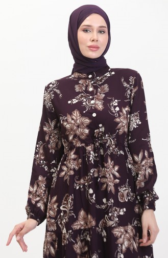 Desenli Viskon Elbise 0509-01 Mor