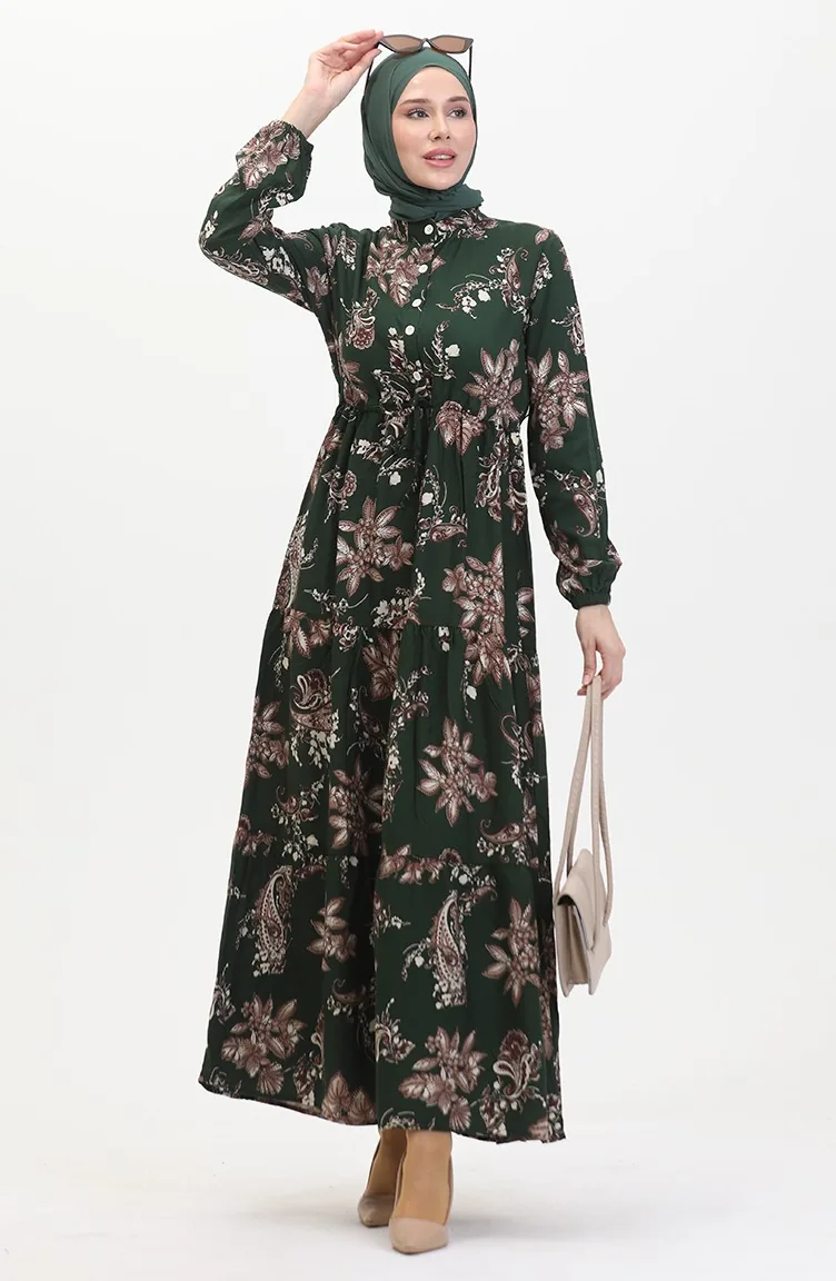 Gemustertes Viskosekleid 0509-02 Smaragdgrün 0509-02